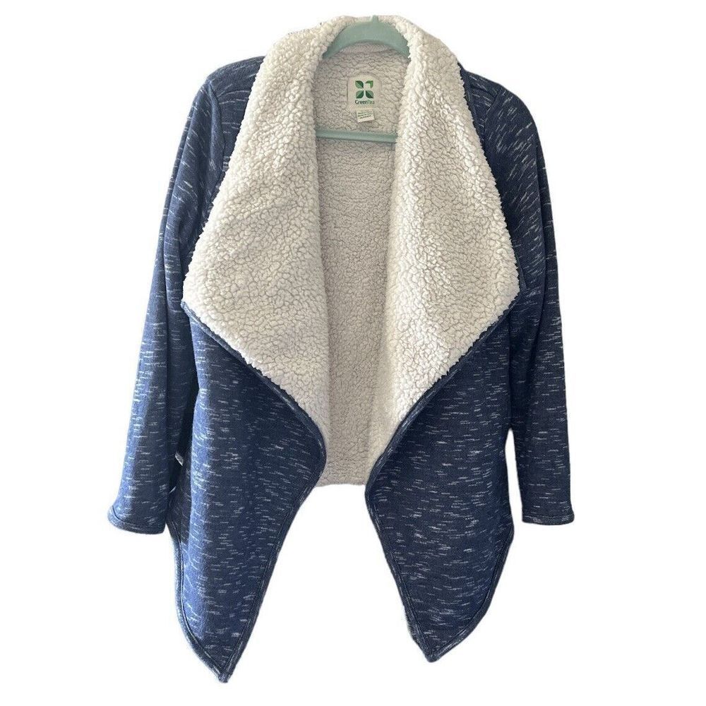 Green Tea Women’s Denim Blue Heather Sherpa Wrap Cardigan Jacket Soft Size XL